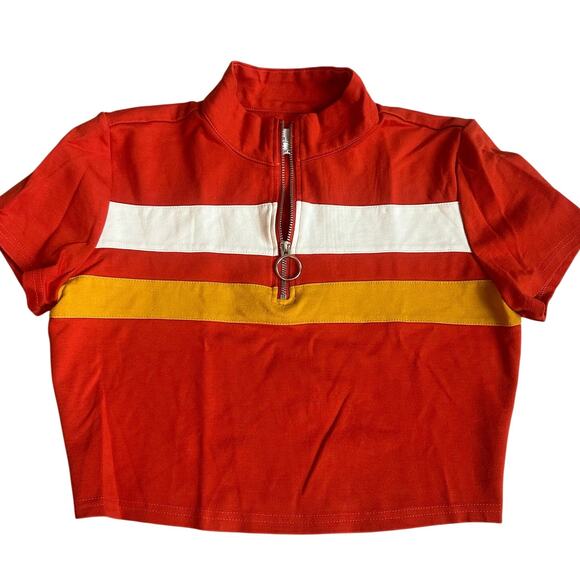 defrost Y2K Orange, Striped, Short Sleeve, Quarter Zip Up, Crop Top- S - Picture 1 of 6